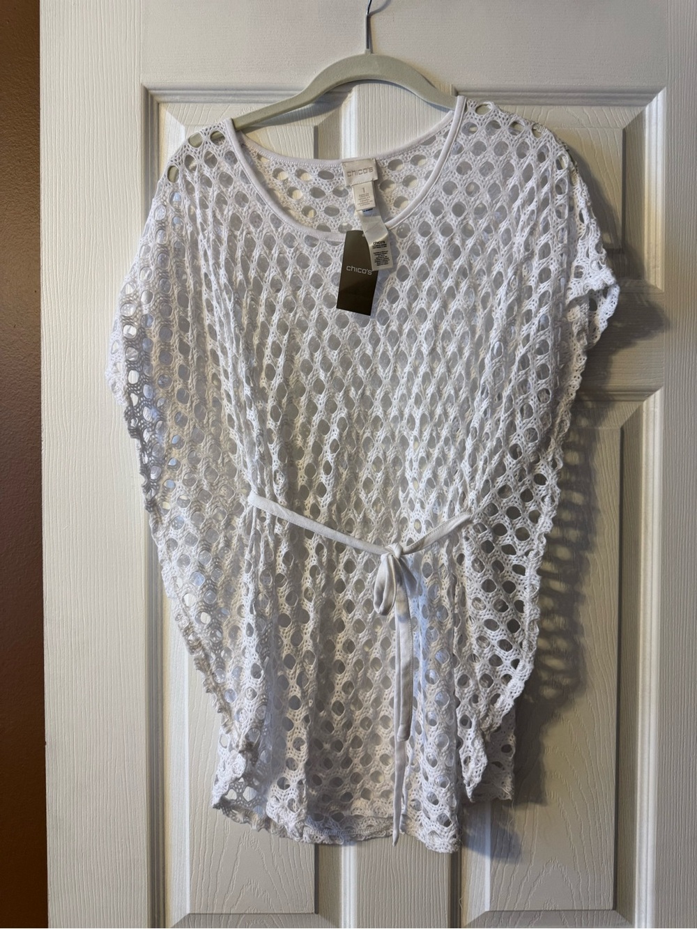 Chico's NWT White Crochet Owen Open Stitch Swim Cover Up Topper size 1 Medium